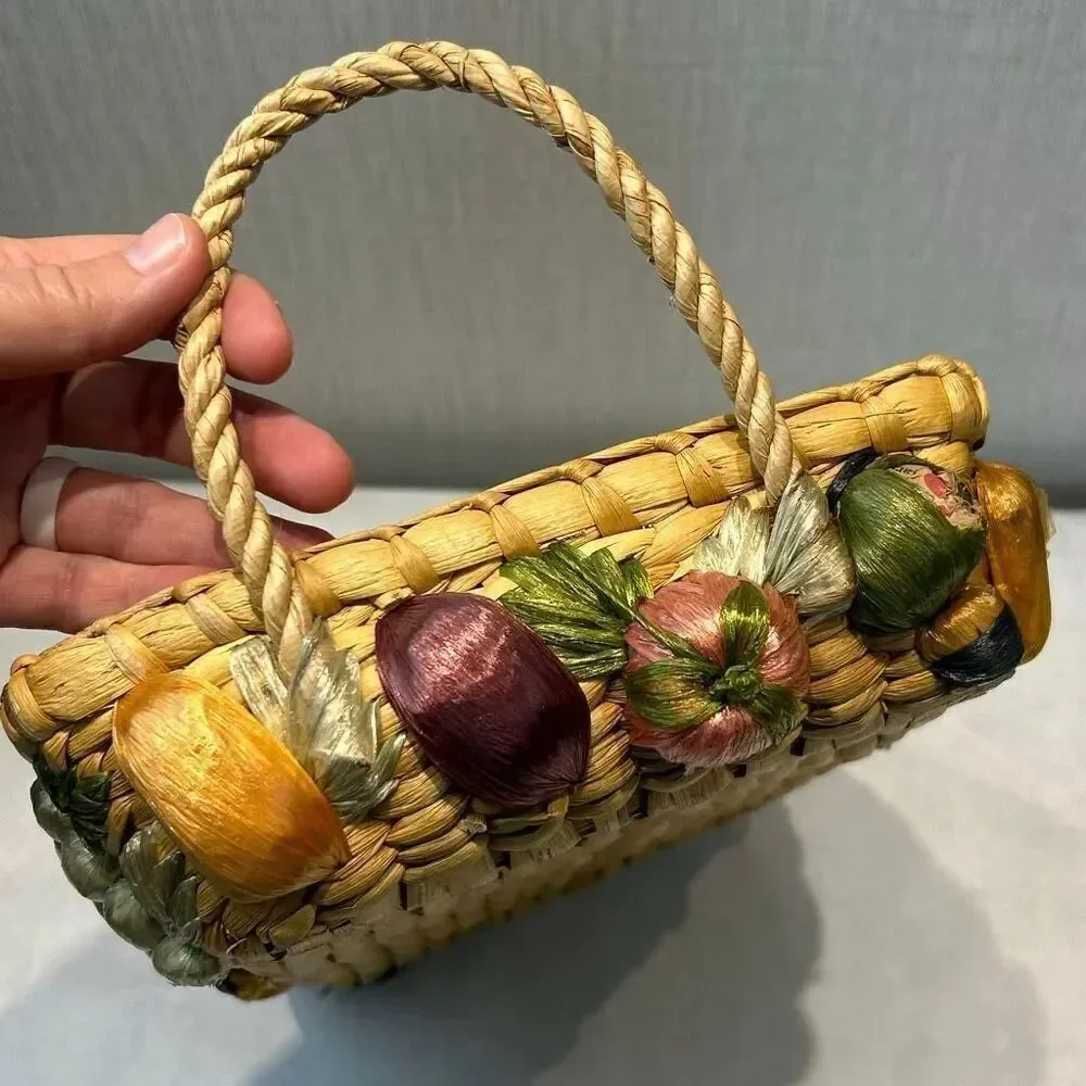Vtg Woven Straw Lined Basket with 3D Fruit on Sides Phillipines Handmade Boho